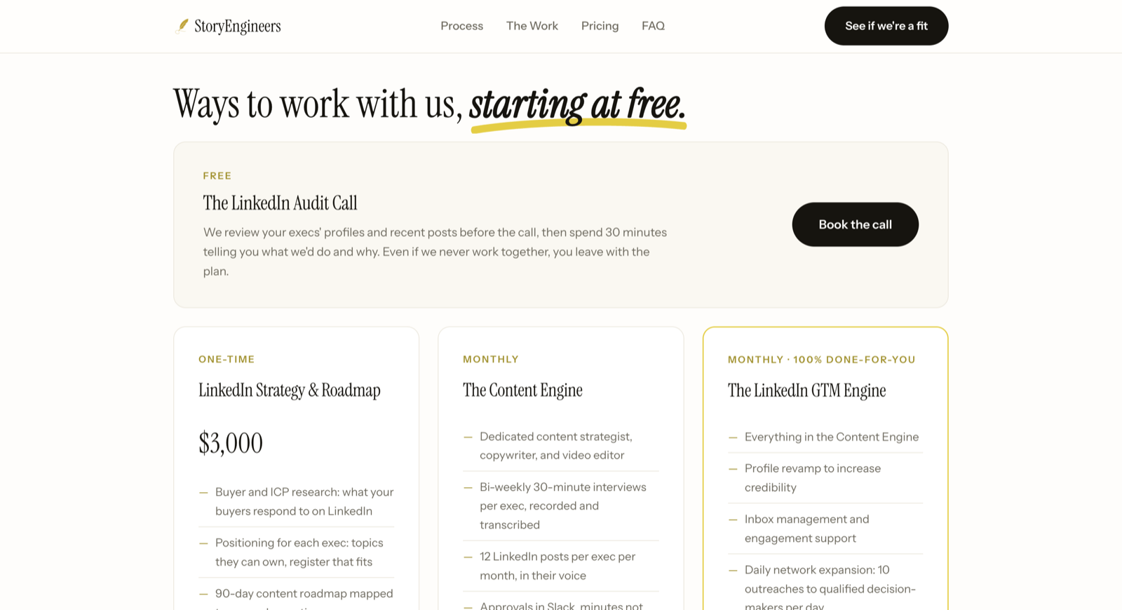 StoryEngineers pricing page: free audit call, $3,000 strategy and roadmap, monthly content engine and LinkedIn GTM engine tiers