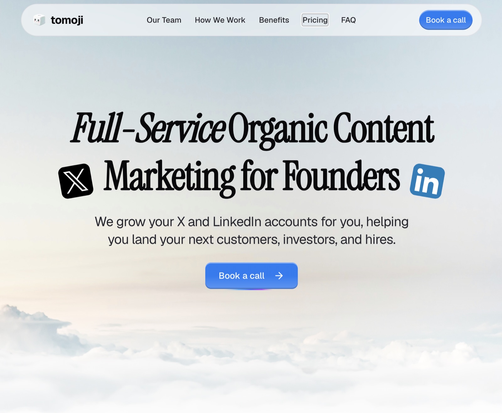 Tomoji homepage: full-service organic content marketing for founders on X and LinkedIn