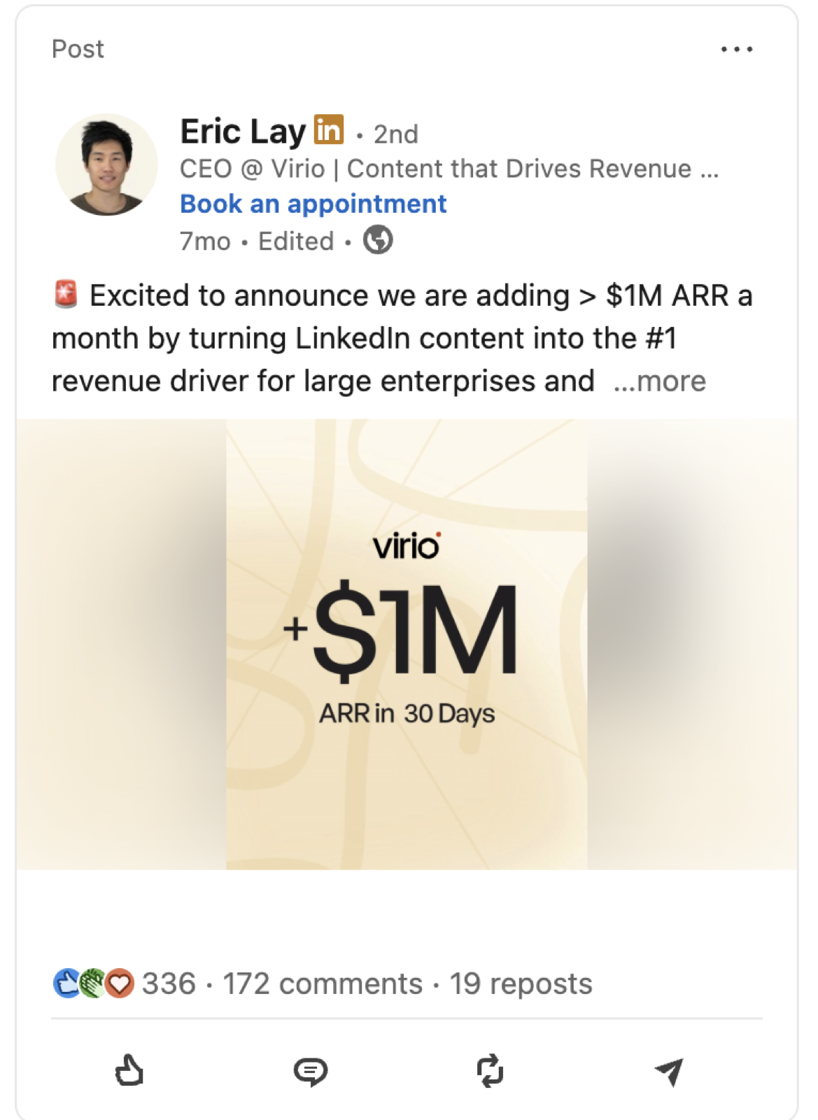 Virio CEO Eric Lay's LinkedIn post claiming they are adding over $1M ARR a month from LinkedIn content