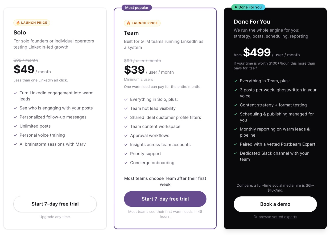 Postbeam pricing: Solo $49/mo, Team $39/user/mo, Done For You from $499/mo
