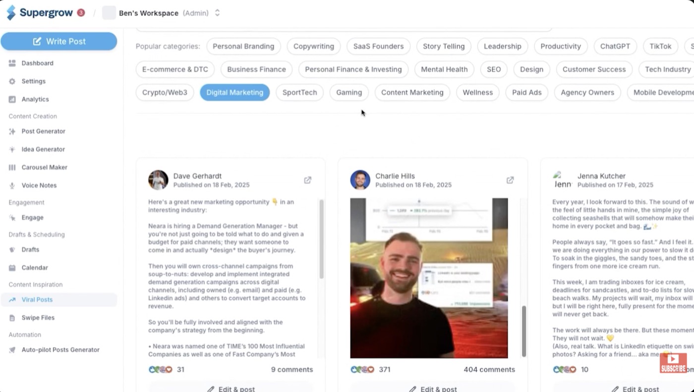 Supergrow dashboard with Write Post, Carousel Maker, Idea Generator, and viral post categories
