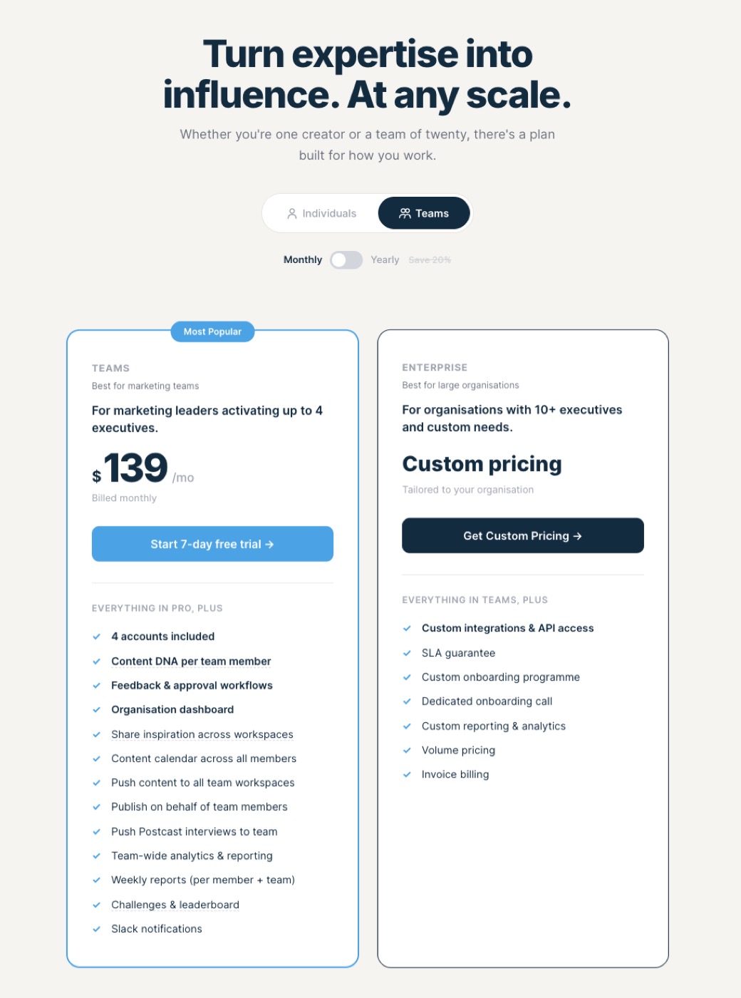 Supergrow Teams pricing: $139/mo for 4 accounts plus custom Enterprise