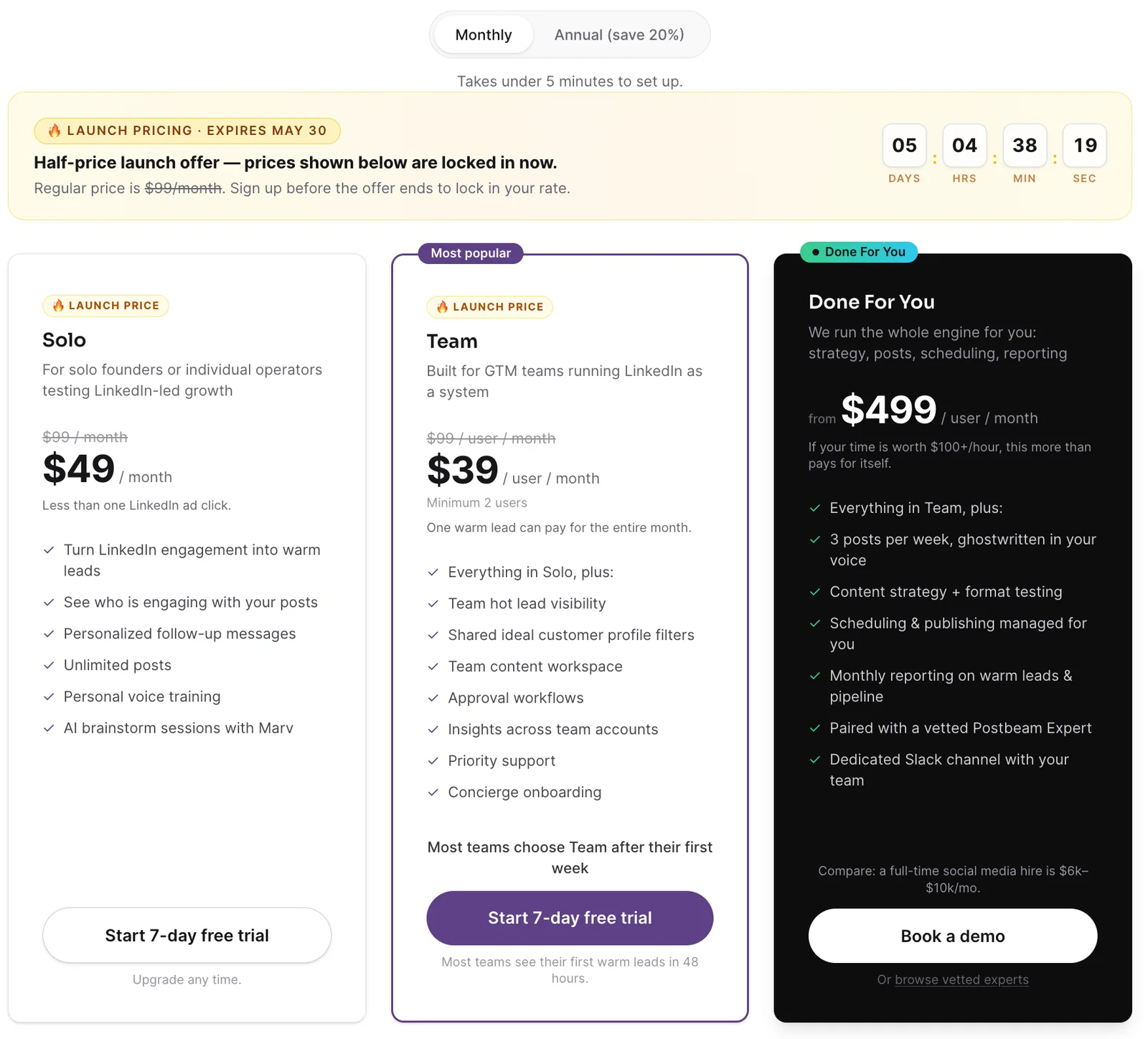 Postbeam pricing tiers: Solo, Team, Done For You