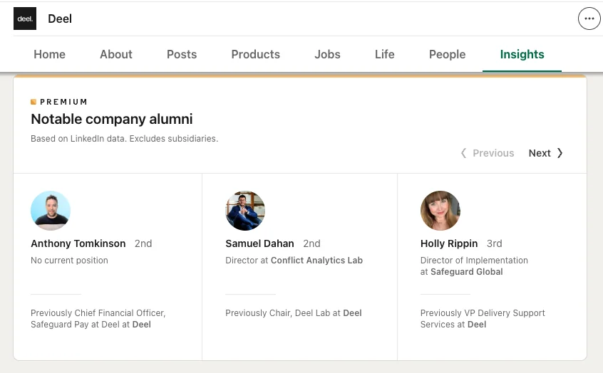 Sales Navigator Notable Alumni view for Deel