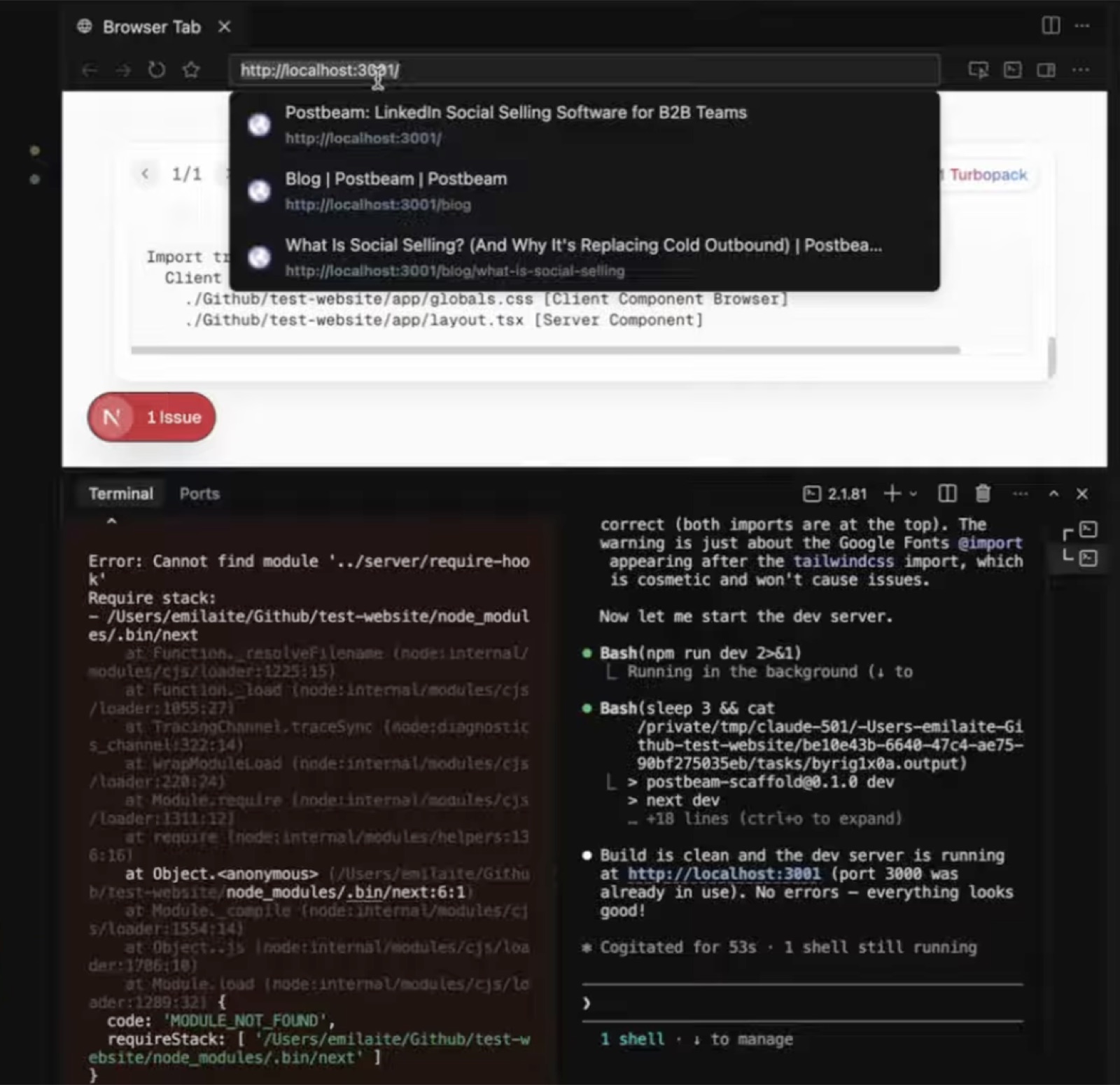Claude Code diagnosing a Next.js build error and confirming the dev server runs cleanly