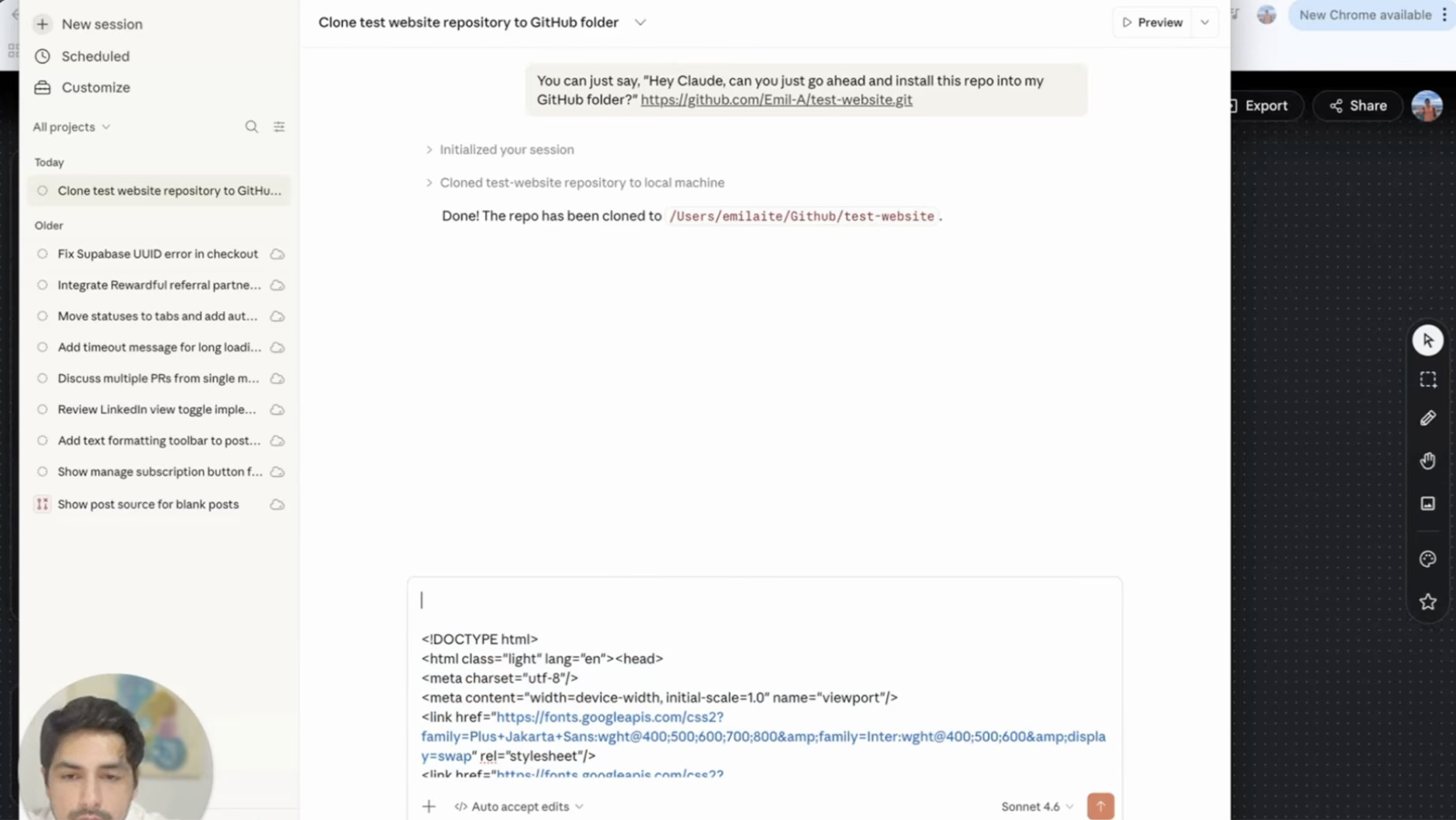Claude Cowork cloning the new GitHub repository with a plain-English instruction