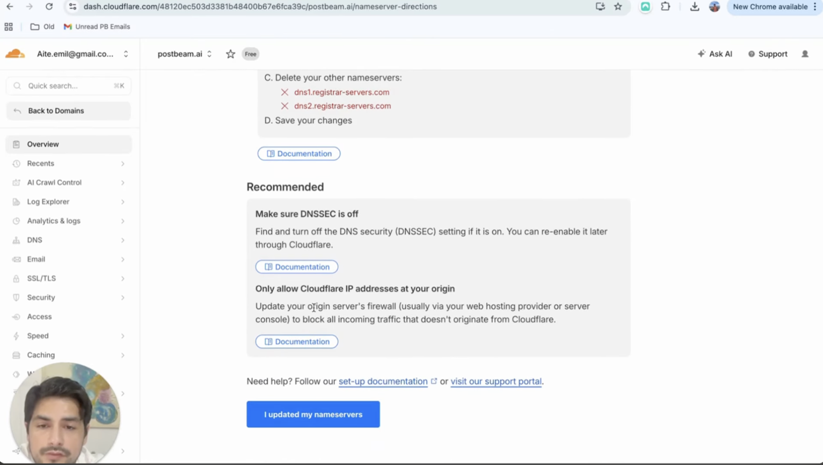 Cloudflare nameserver setup instructions for postbeam.ai on the free plan