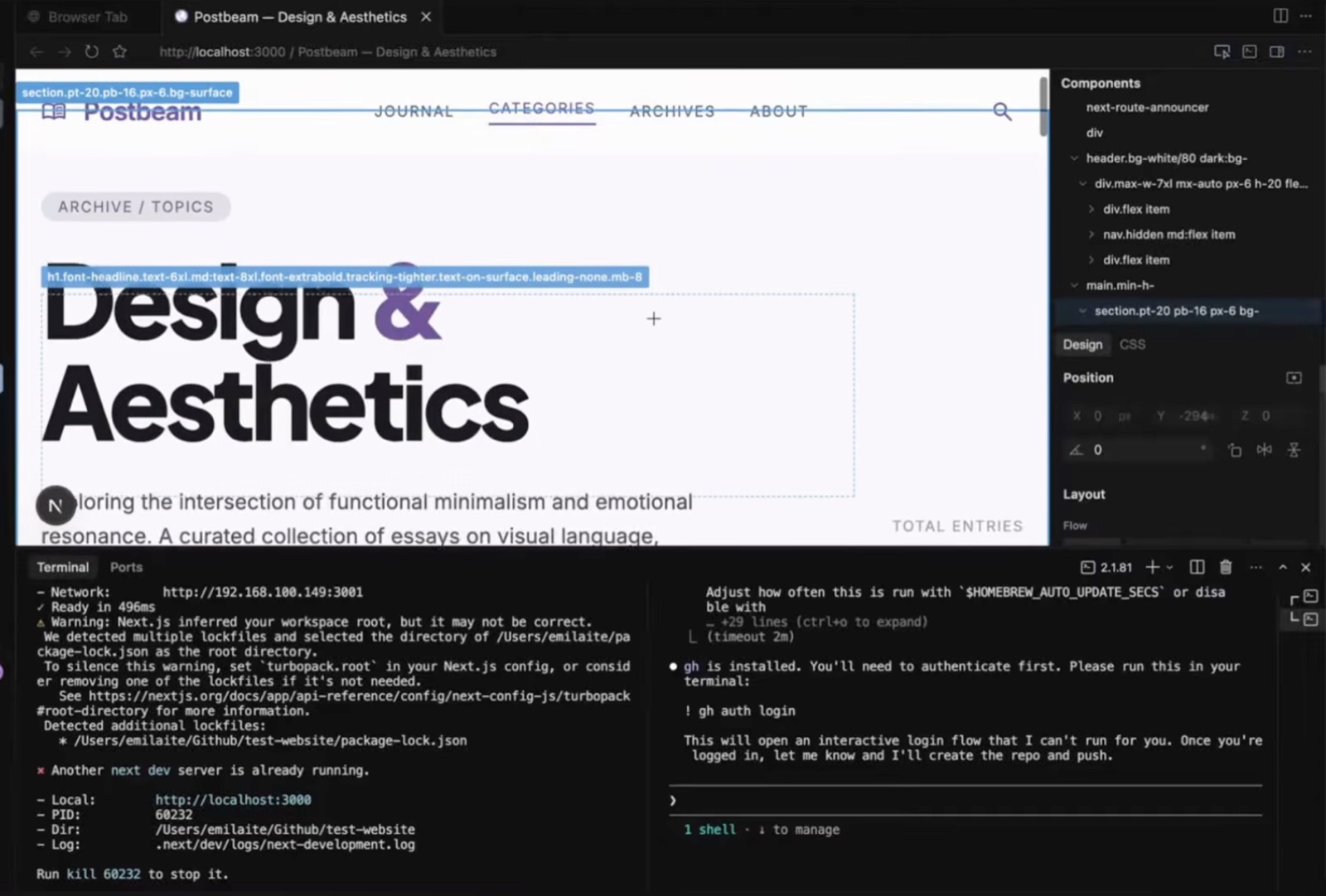 Cursor's browser view inspecting a heading element on the new site for a targeted AI edit