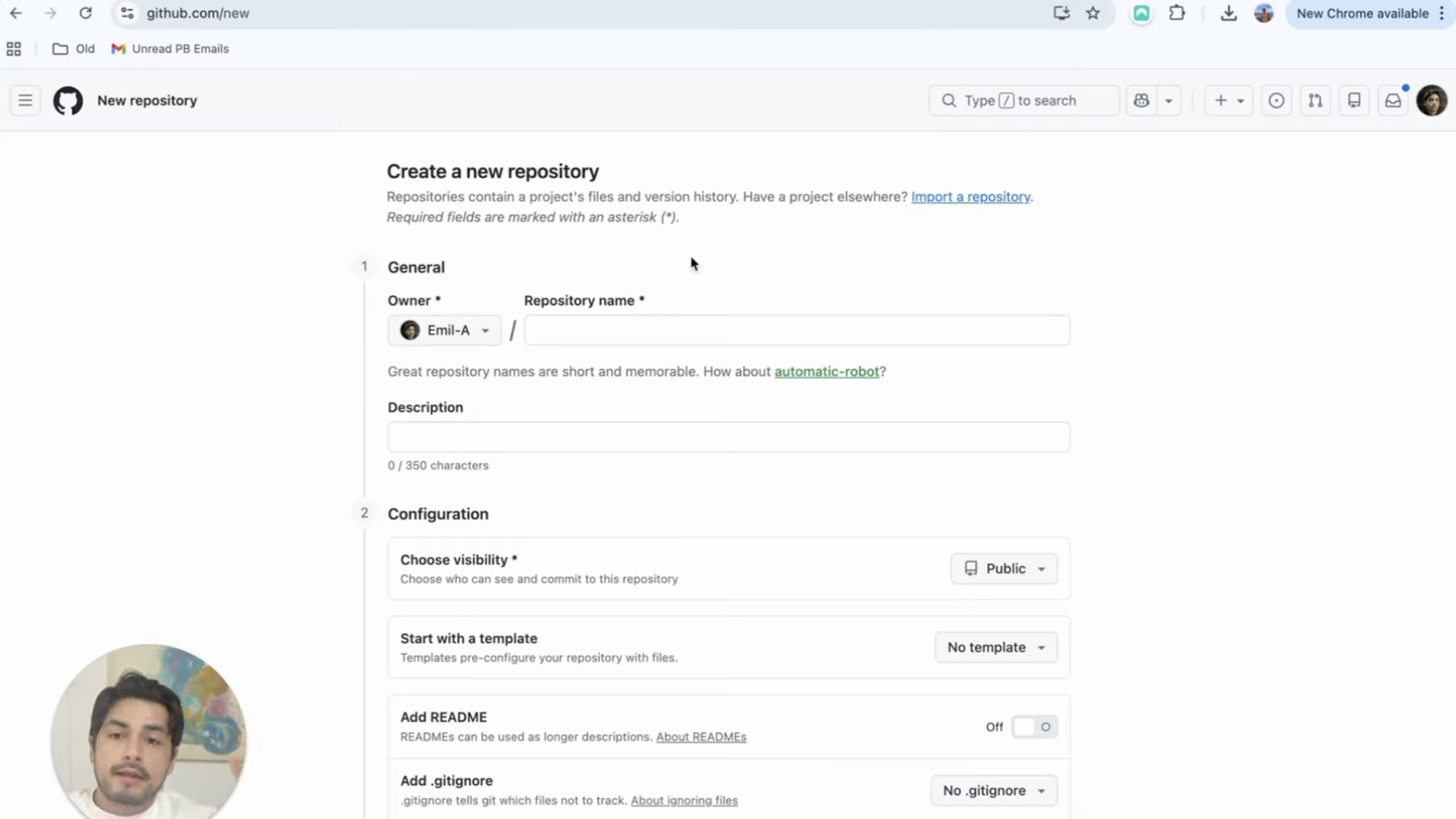 GitHub's create new repository page with visibility options