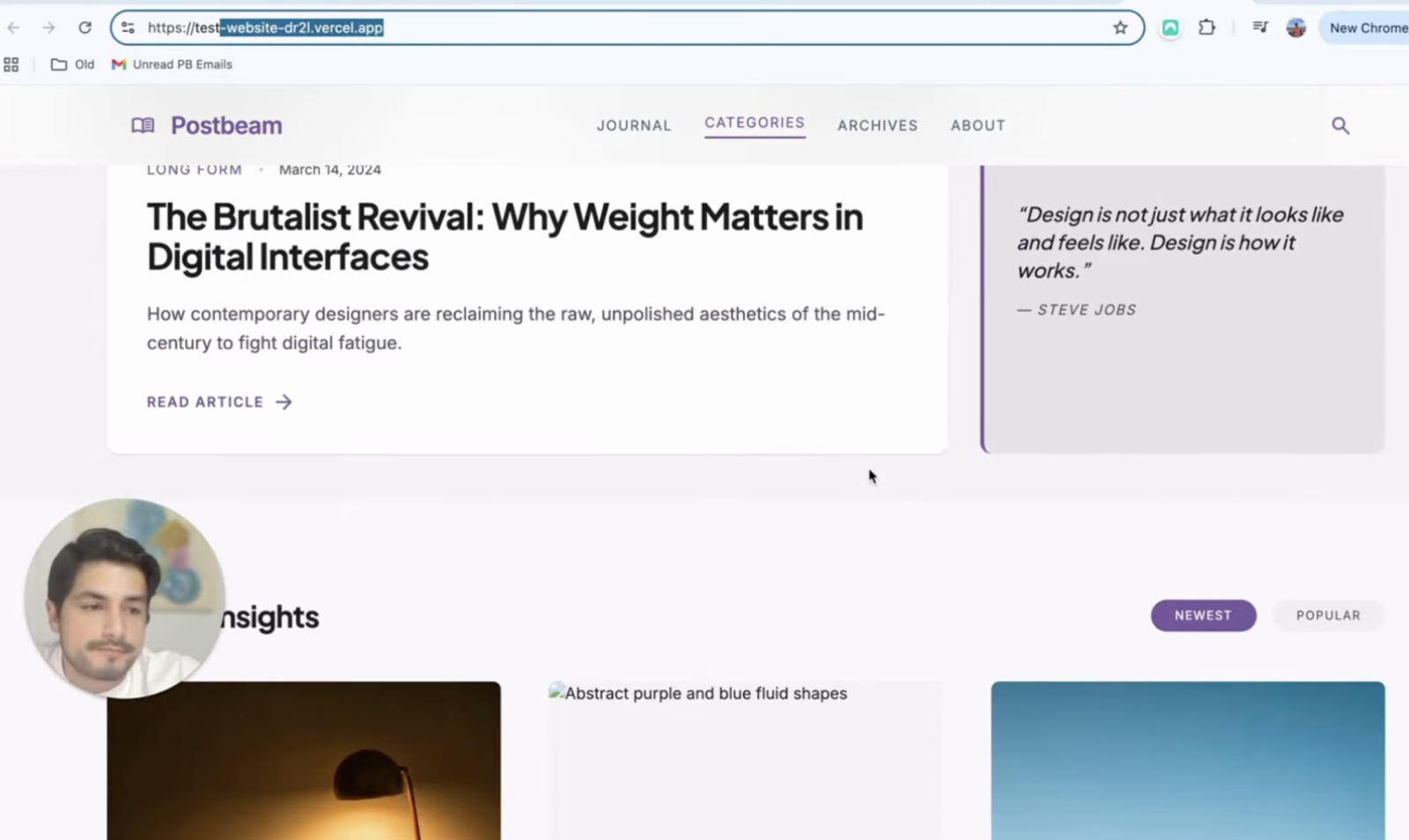 The rebuilt Postbeam blog live on a Vercel URL after the one-shot build