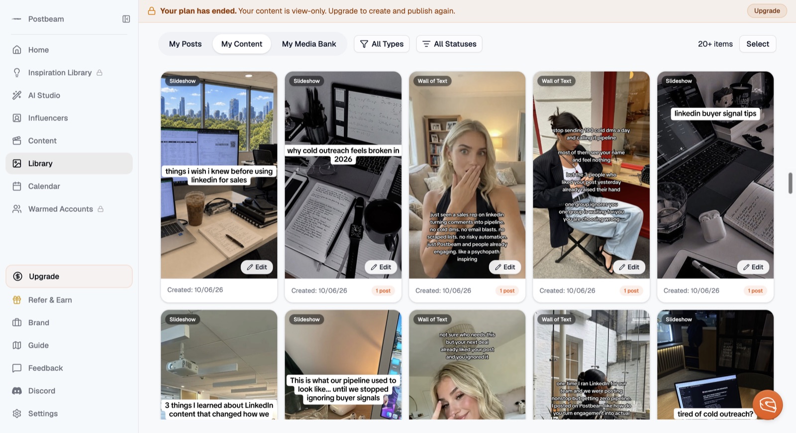 AI UGC tool content library with dozens of generated TikTok slideshows and videos about LinkedIn buyer signals