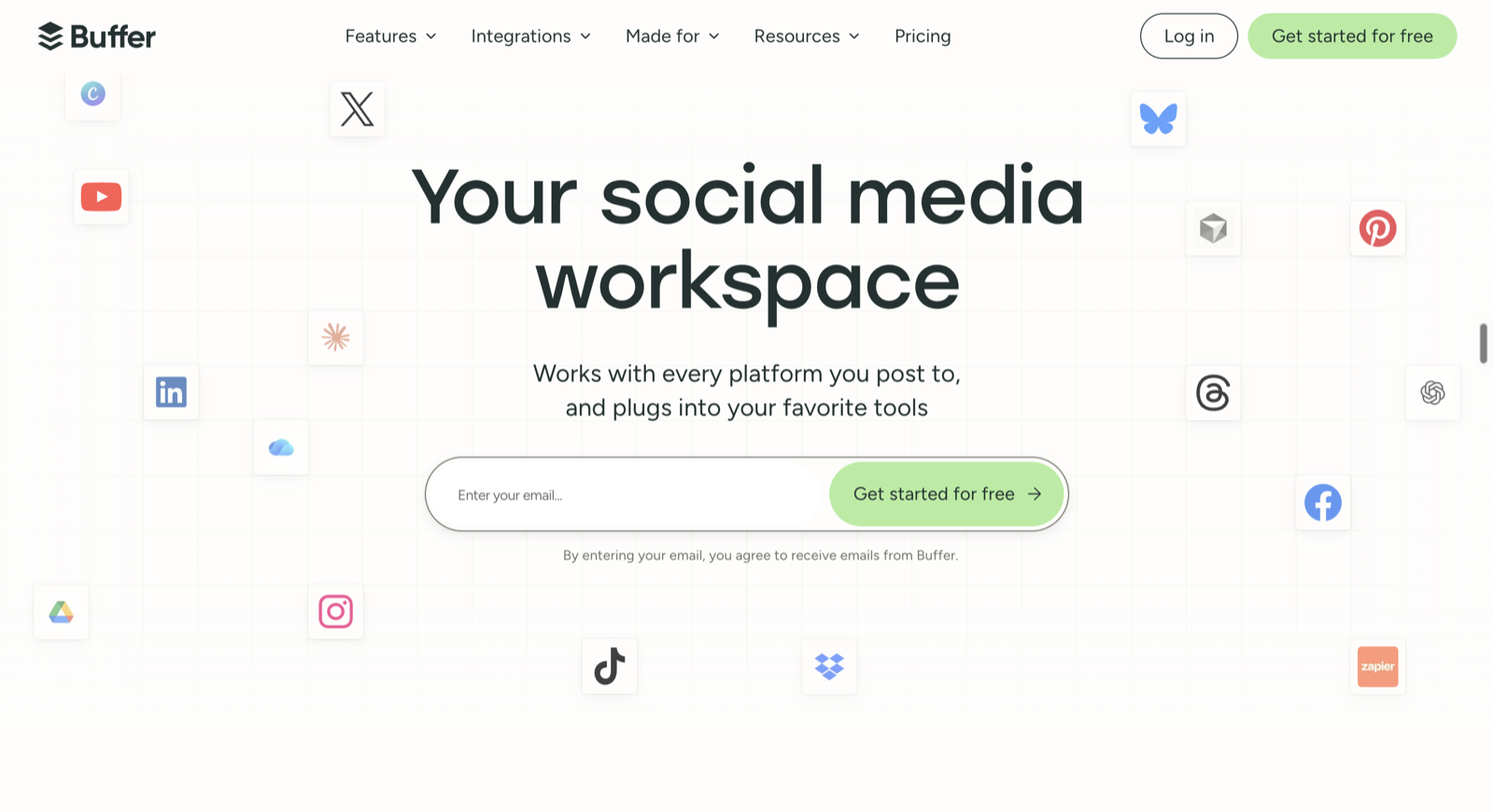 Buffer homepage - a social media workspace that publishes to every major platform