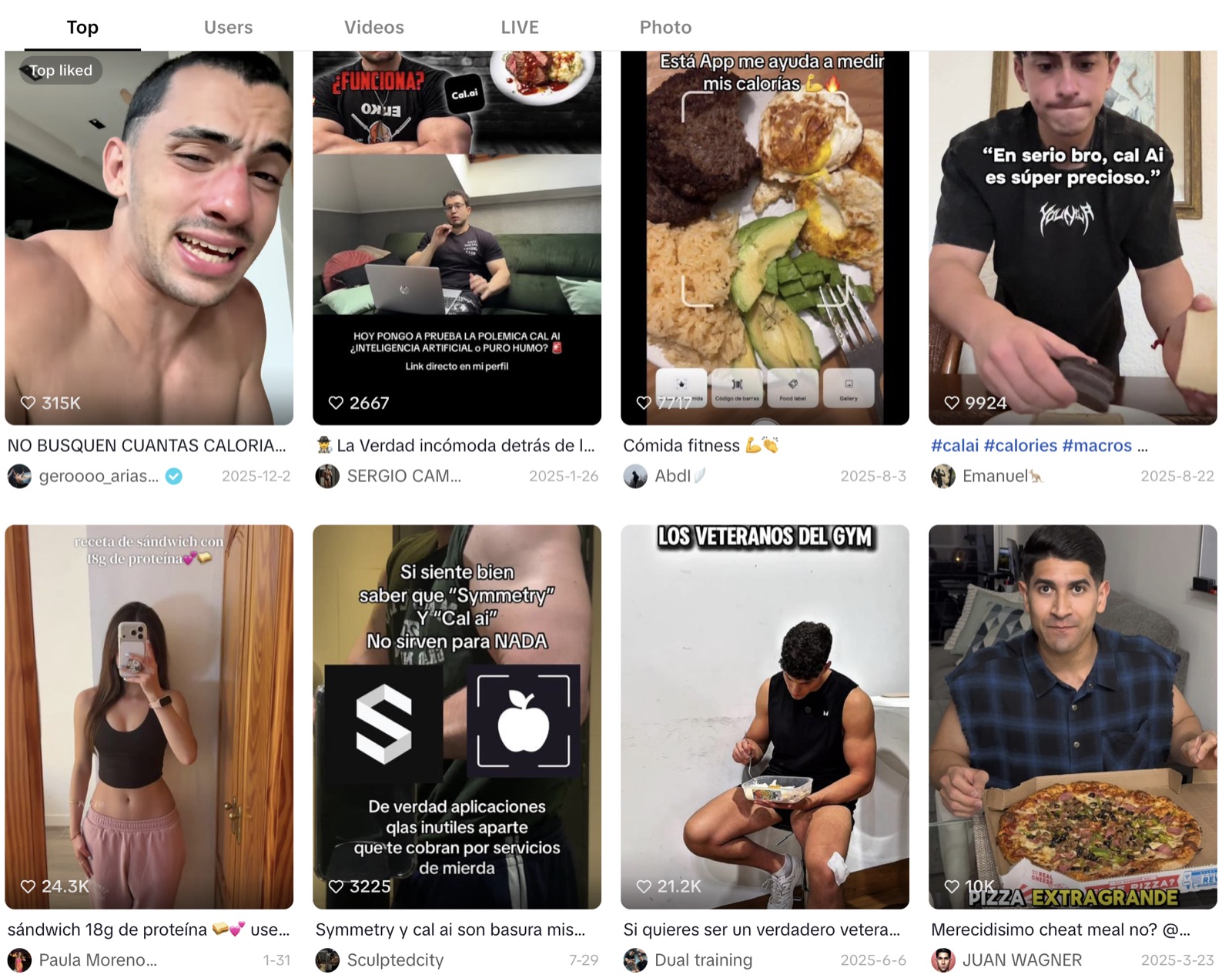 TikTok search results full of Cal AI user-generated content videos in multiple languages