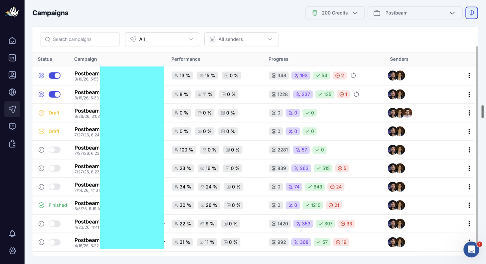 HeyReach campaigns dashboard with acceptance and reply rates across Postbeam outreach campaigns