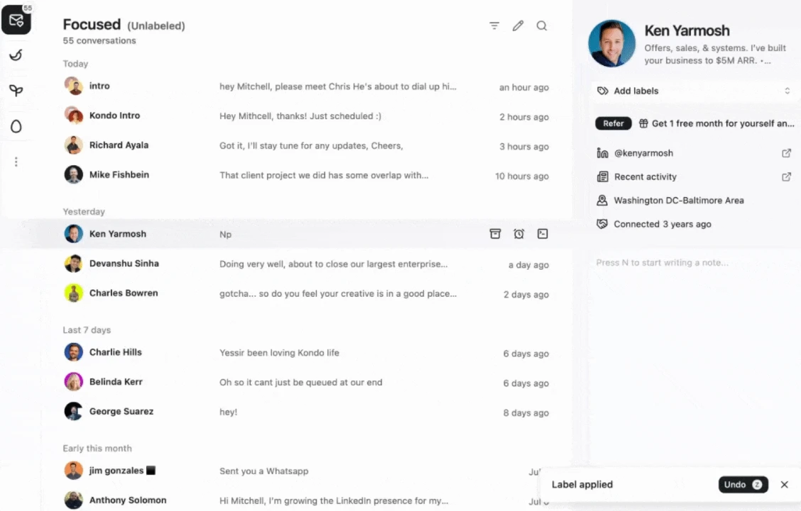 Kondo inbox showing LinkedIn conversations organized with labels and notes like a CRM