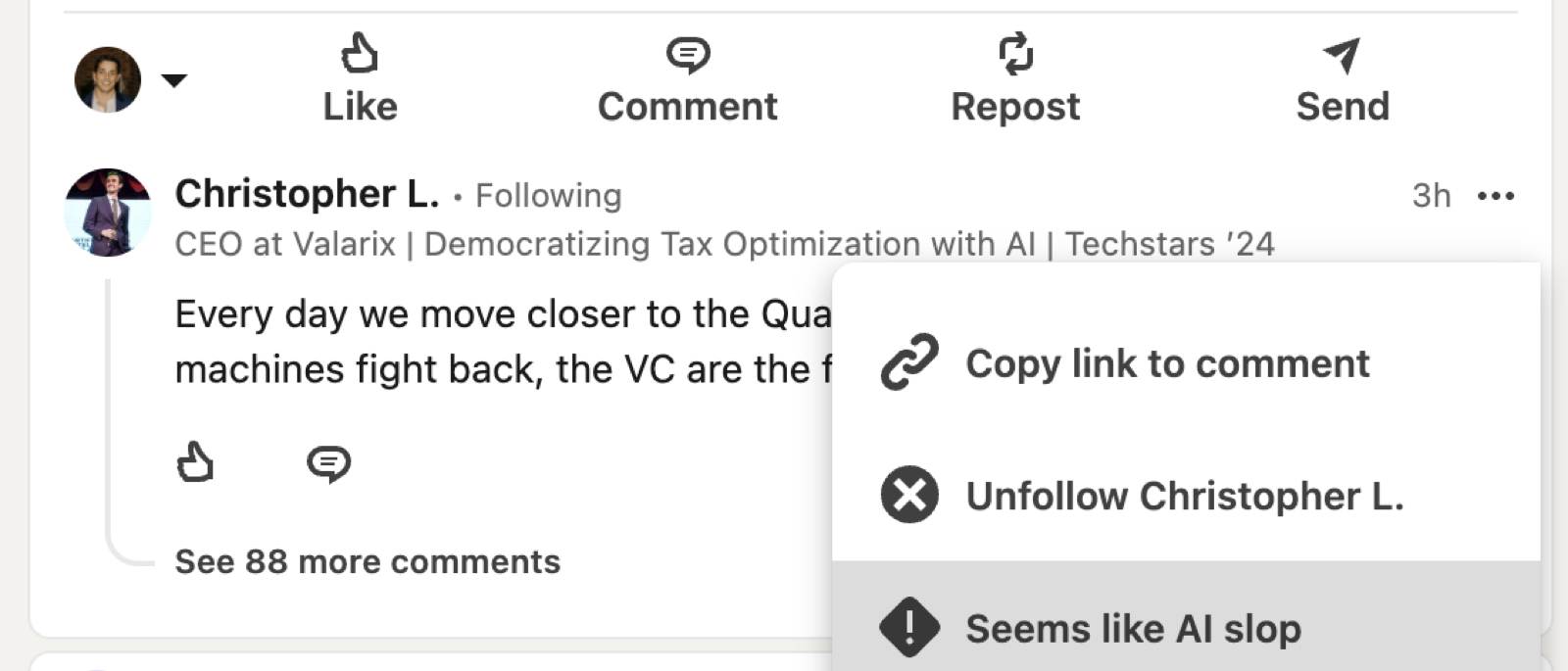 LinkedIn comment menu showing the new Seems like AI slop report option