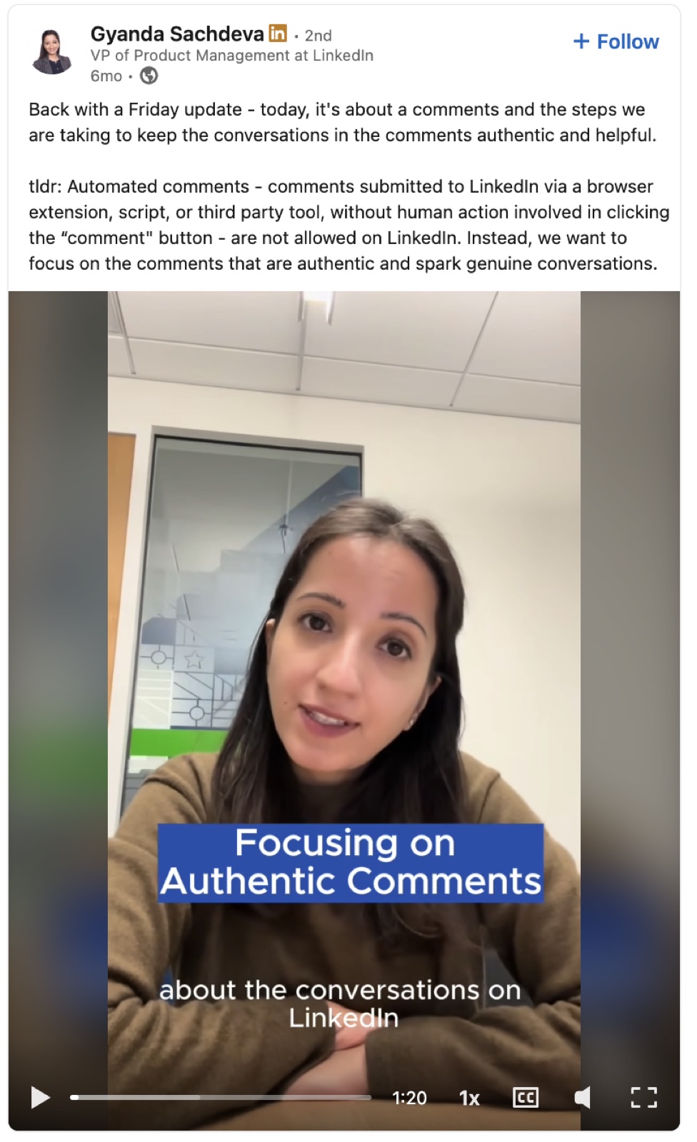 LinkedIn VP of Product post announcing automated comments via extensions, scripts, or third-party tools are not allowed