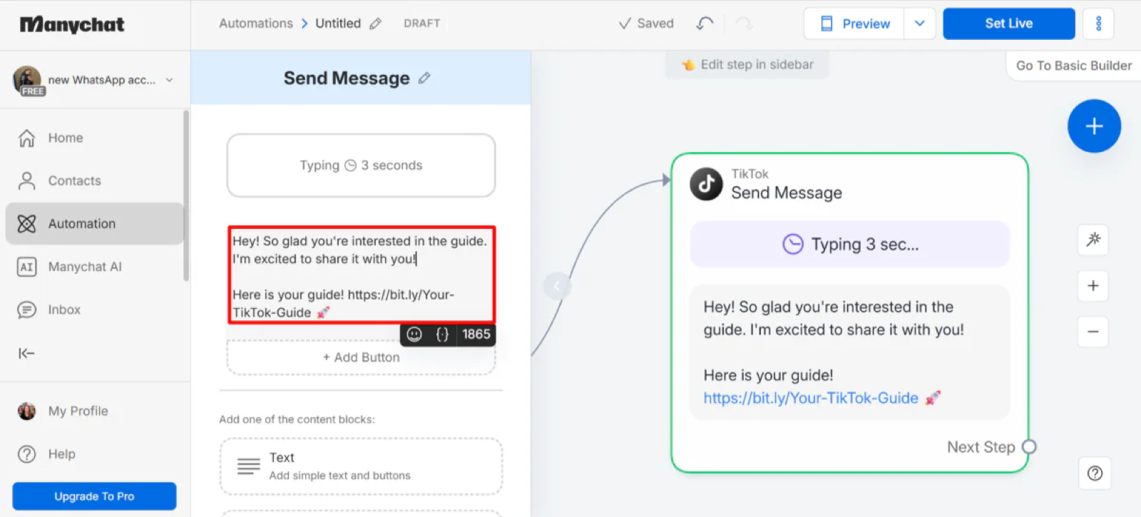 ManyChat automation flow that automatically DMs a guide link to anyone who comments on a TikTok post