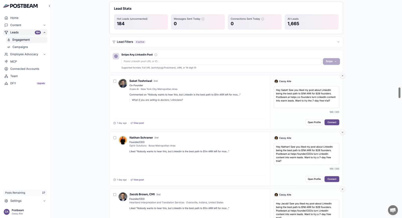 Postbeam leads engagement view attributing LinkedIn post engagement to ICP-matched warm leads with drafted follow-ups