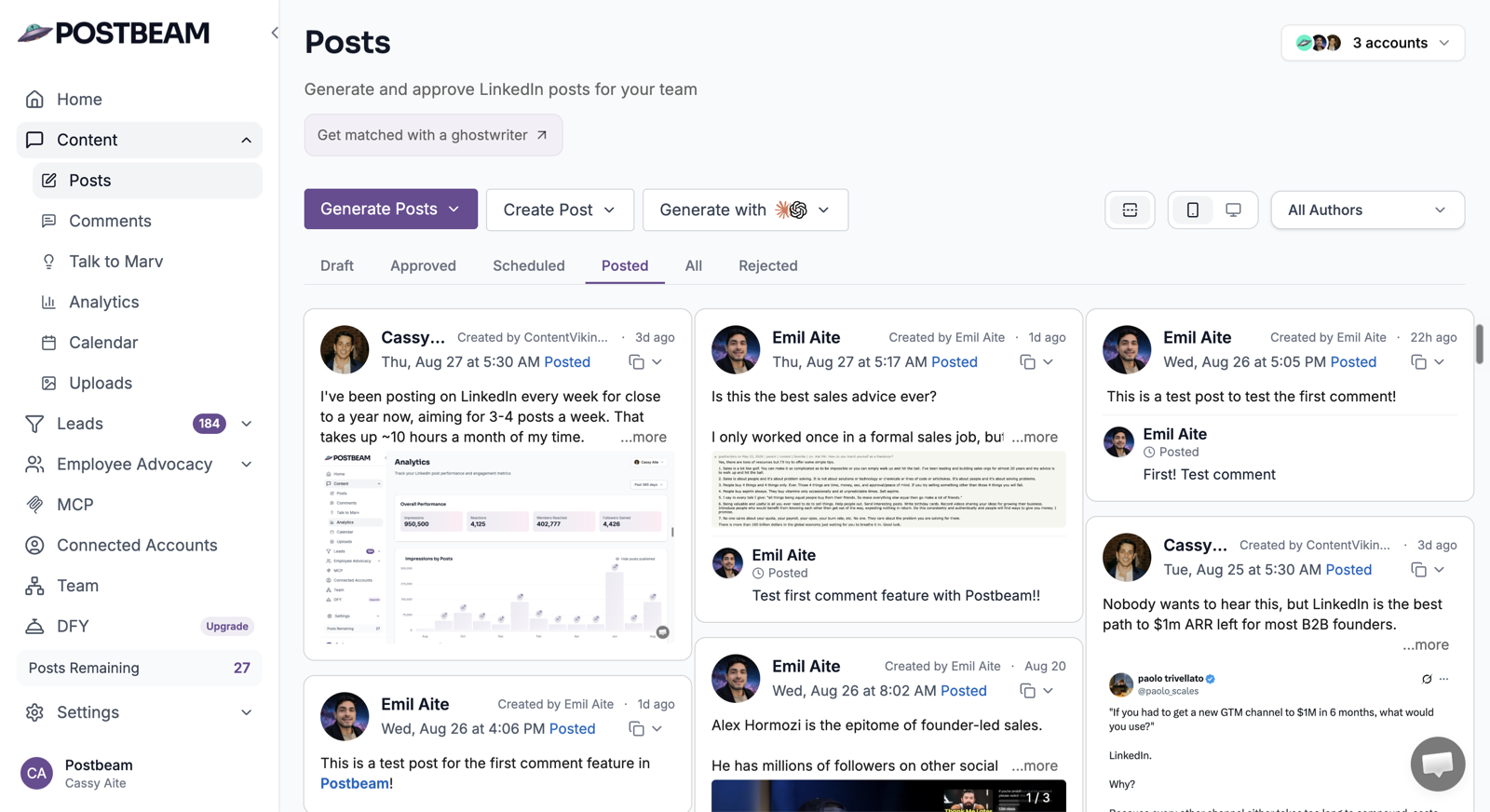 Postbeam Posts dashboard where a team generates and approves LinkedIn posts for multiple accounts