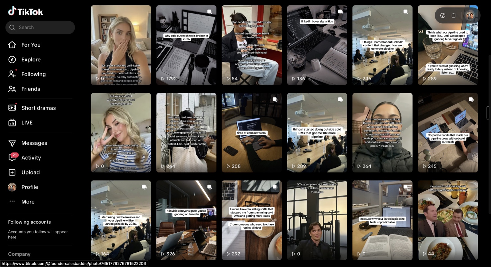 Postbeam's test TikTok account grid showing daily AI-generated videos about LinkedIn social selling