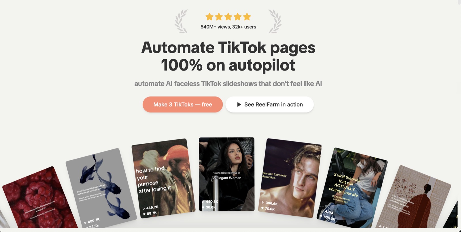 ReelFarm homepage: automate AI faceless TikTok slideshows, 540M+ views and 32K+ users