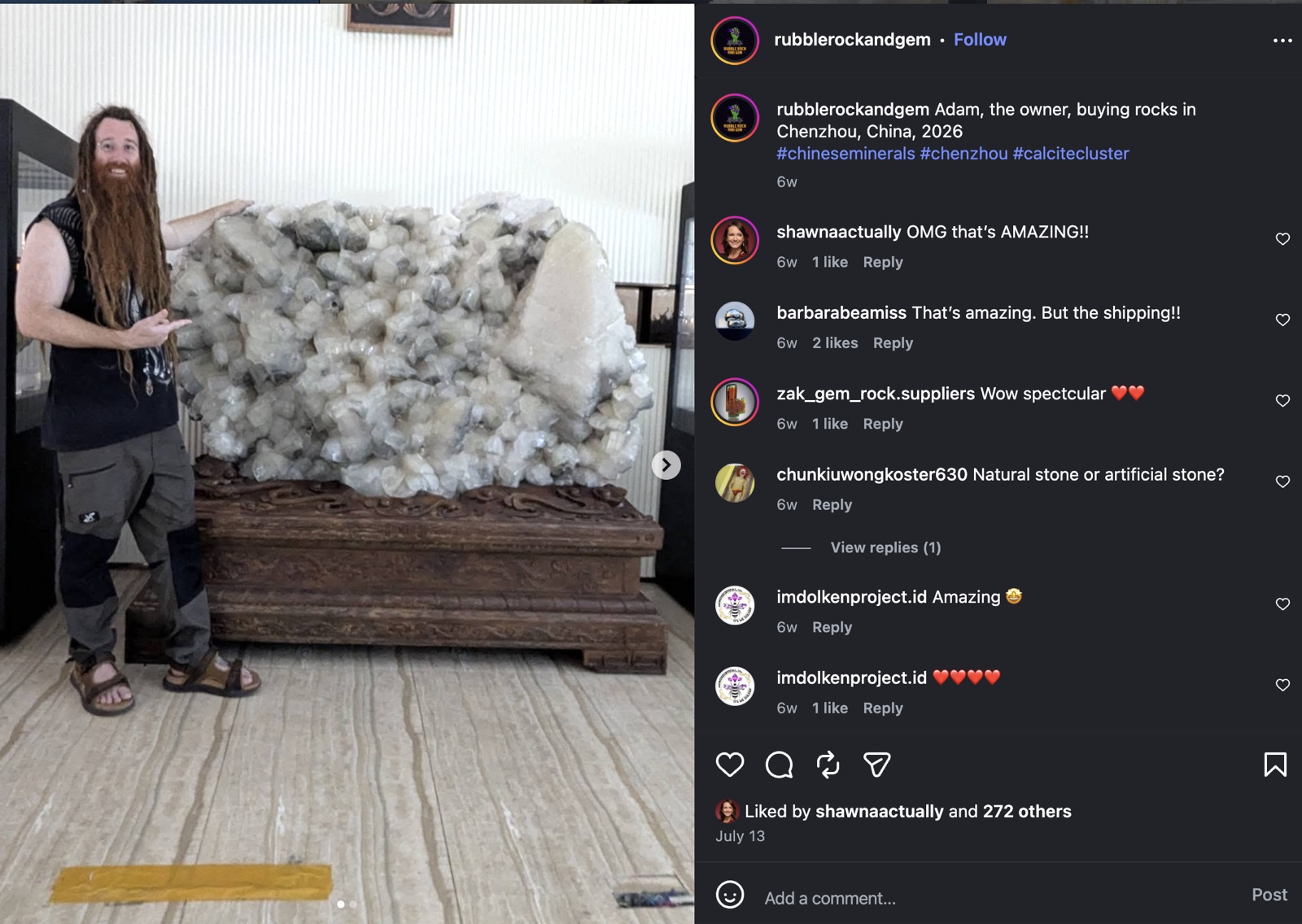 Rubble Rock and Gem Instagram post of the owner Adam buying giant mineral specimens in China