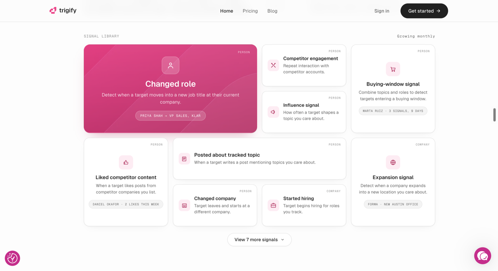 Trigify signal library showing buying signals like changed role, liked competitor content, competitor engagement, and started hiring